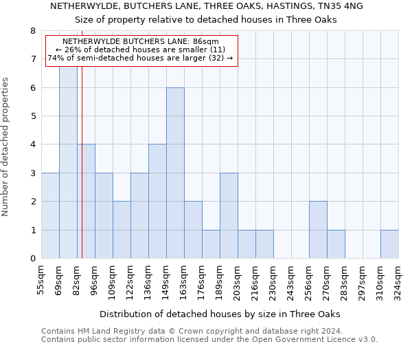 NETHERWYLDE, BUTCHERS LANE, THREE OAKS, HASTINGS, TN35 4NG: Size of property relative to detached houses in Three Oaks