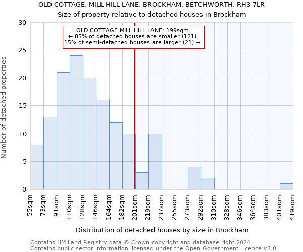 OLD COTTAGE, MILL HILL LANE, BROCKHAM, BETCHWORTH, RH3 7LR: Size of property relative to detached houses in Brockham