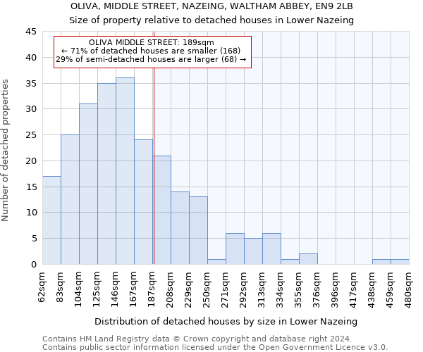 OLIVA, MIDDLE STREET, NAZEING, WALTHAM ABBEY, EN9 2LB: Size of property relative to detached houses in Lower Nazeing