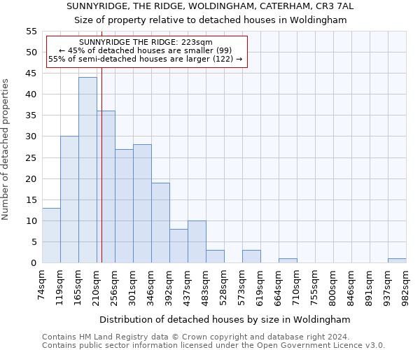 SUNNYRIDGE, THE RIDGE, WOLDINGHAM, CATERHAM, CR3 7AL: Size of property relative to detached houses in Woldingham