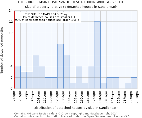 THE SHRUBS, MAIN ROAD, SANDLEHEATH, FORDINGBRIDGE, SP6 1TD: Size of property relative to detached houses in Sandleheath