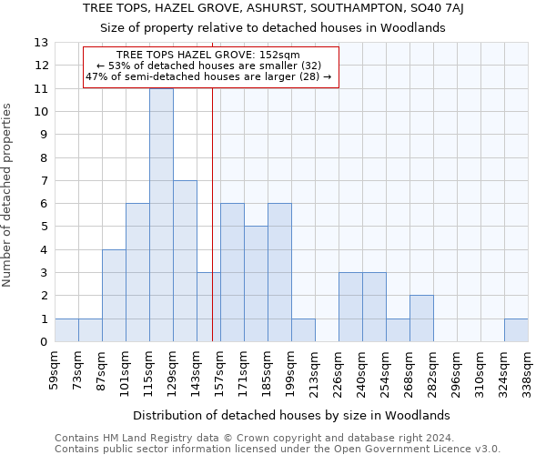 TREE TOPS, HAZEL GROVE, ASHURST, SOUTHAMPTON, SO40 7AJ: Size of property relative to detached houses in Woodlands