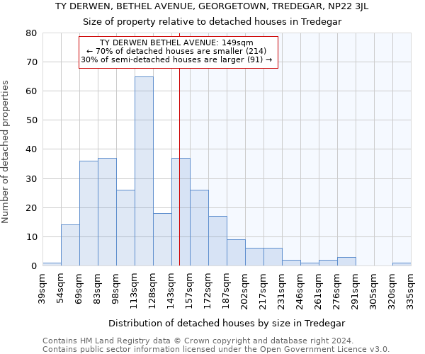 TY DERWEN, BETHEL AVENUE, GEORGETOWN, TREDEGAR, NP22 3JL: Size of property relative to detached houses in Tredegar