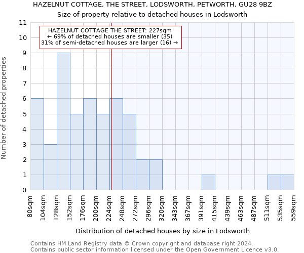 HAZELNUT COTTAGE, THE STREET, LODSWORTH, PETWORTH, GU28 9BZ: Size of property relative to detached houses in Lodsworth