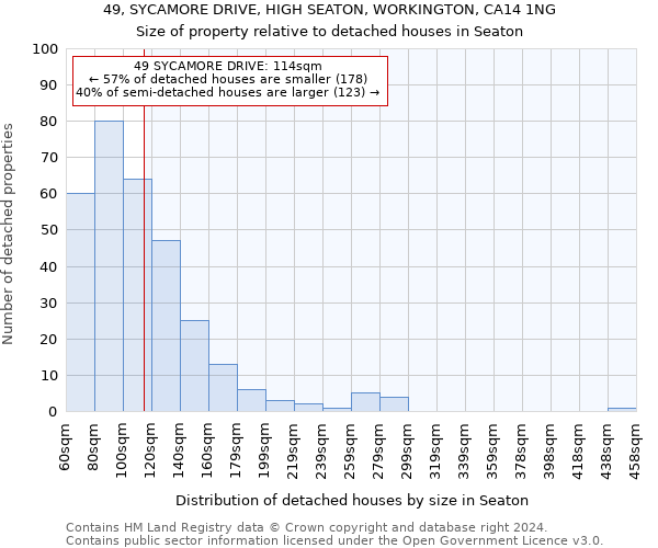 49, SYCAMORE DRIVE, HIGH SEATON, WORKINGTON, CA14 1NG: Size of property relative to detached houses in Seaton