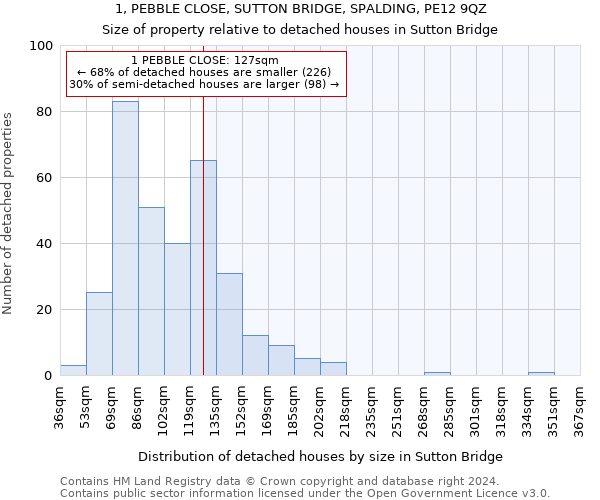 1, PEBBLE CLOSE, SUTTON BRIDGE, SPALDING, PE12 9QZ: Size of property relative to detached houses in Sutton Bridge