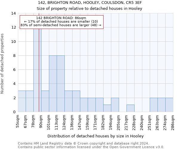 142, BRIGHTON ROAD, HOOLEY, COULSDON, CR5 3EF: Size of property relative to detached houses in Hooley