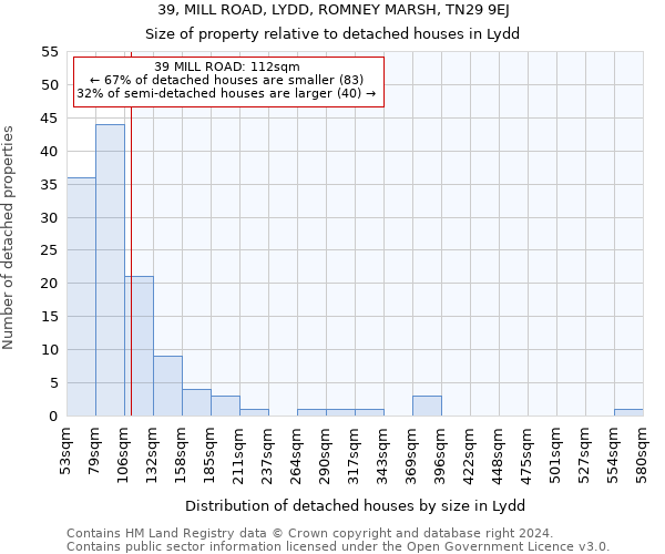 39, MILL ROAD, LYDD, ROMNEY MARSH, TN29 9EJ: Size of property relative to detached houses in Lydd