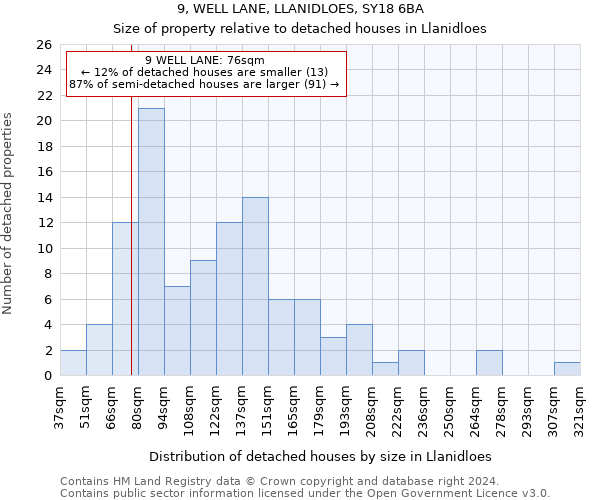 9, WELL LANE, LLANIDLOES, SY18 6BA: Size of property relative to detached houses in Llanidloes