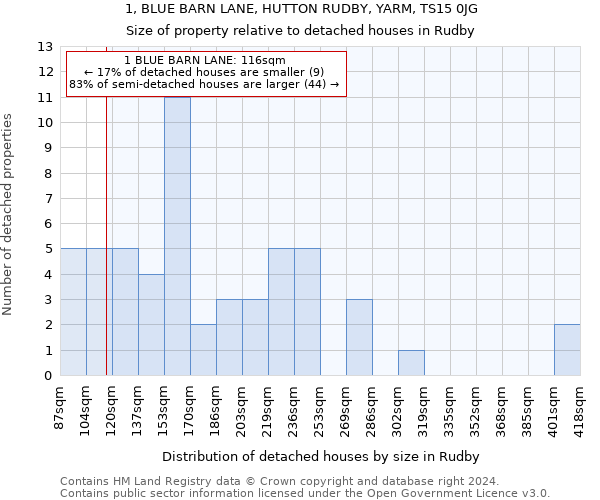 1, BLUE BARN LANE, HUTTON RUDBY, YARM, TS15 0JG: Size of property relative to detached houses in Rudby