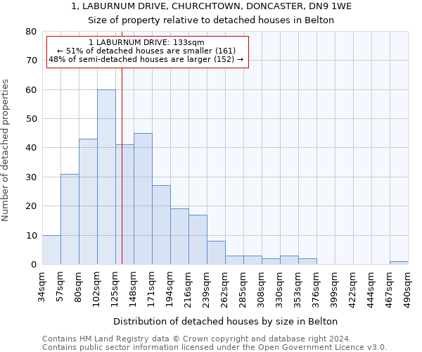 1, LABURNUM DRIVE, CHURCHTOWN, DONCASTER, DN9 1WE: Size of property relative to detached houses in Belton