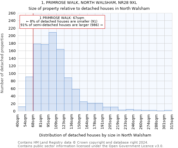 1, PRIMROSE WALK, NORTH WALSHAM, NR28 9XL: Size of property relative to detached houses in North Walsham