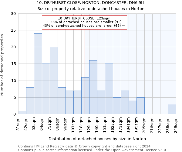 10, DRYHURST CLOSE, NORTON, DONCASTER, DN6 9LL: Size of property relative to detached houses in Norton