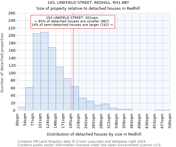 103, LINKFIELD STREET, REDHILL, RH1 6BY: Size of property relative to detached houses in Redhill