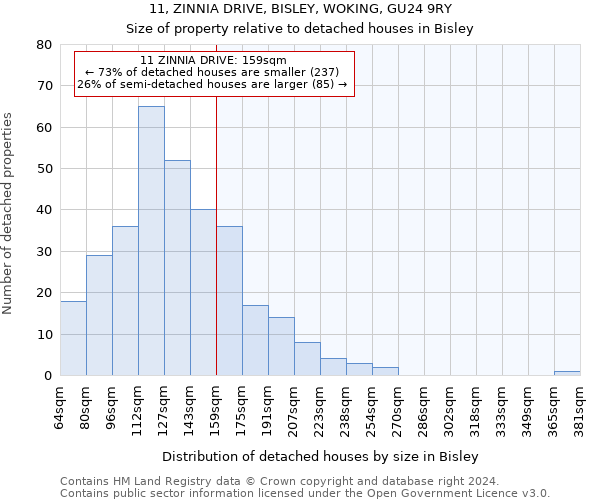 11, ZINNIA DRIVE, BISLEY, WOKING, GU24 9RY: Size of property relative to detached houses in Bisley