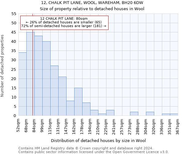 12, CHALK PIT LANE, WOOL, WAREHAM, BH20 6DW: Size of property relative to detached houses in Wool