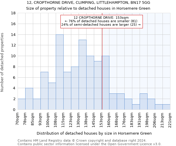 12, CROPTHORNE DRIVE, CLIMPING, LITTLEHAMPTON, BN17 5GG: Size of property relative to detached houses in Horsemere Green