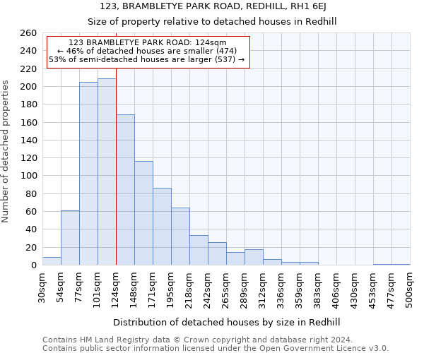 123, BRAMBLETYE PARK ROAD, REDHILL, RH1 6EJ: Size of property relative to detached houses in Redhill