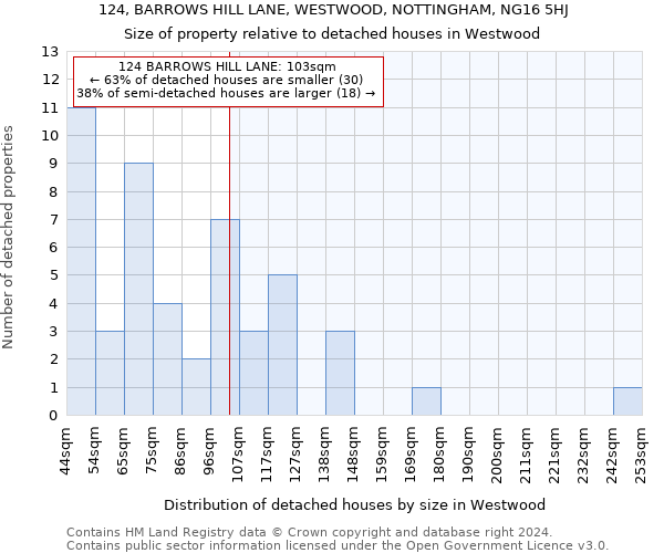 124, BARROWS HILL LANE, WESTWOOD, NOTTINGHAM, NG16 5HJ: Size of property relative to detached houses in Westwood