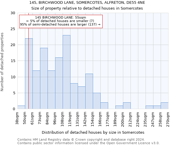 145, BIRCHWOOD LANE, SOMERCOTES, ALFRETON, DE55 4NE: Size of property relative to detached houses in Somercotes