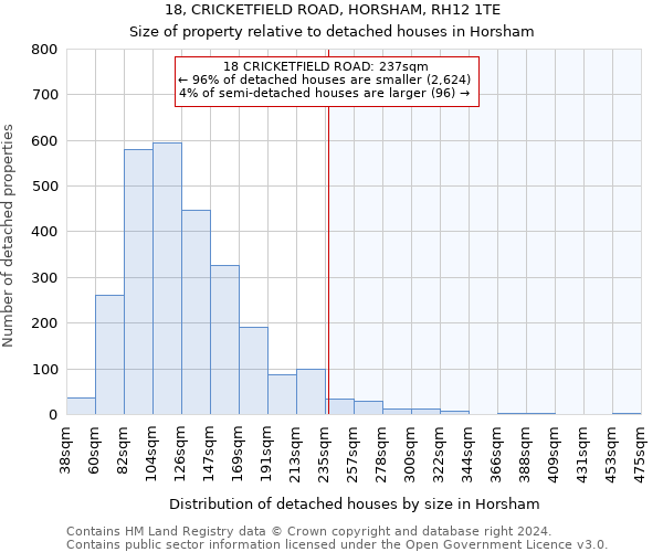 18, CRICKETFIELD ROAD, HORSHAM, RH12 1TE: Size of property relative to detached houses in Horsham