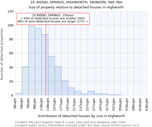 19, BIDDEL SPRINGS, HIGHWORTH, SWINDON, SN6 7BH: Size of property relative to detached houses in Highworth