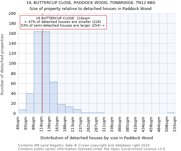 19, BUTTERCUP CLOSE, PADDOCK WOOD, TONBRIDGE, TN12 6BG: Size of property relative to detached houses in Paddock Wood