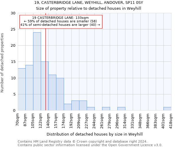 19, CASTERBRIDGE LANE, WEYHILL, ANDOVER, SP11 0SY: Size of property relative to detached houses in Weyhill