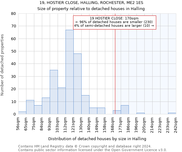 19, HOSTIER CLOSE, HALLING, ROCHESTER, ME2 1ES: Size of property relative to detached houses in Halling