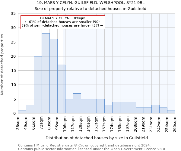 19, MAES Y CELYN, GUILSFIELD, WELSHPOOL, SY21 9BL: Size of property relative to detached houses in Guilsfield