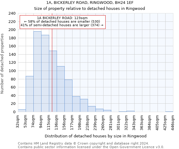 1A, BICKERLEY ROAD, RINGWOOD, BH24 1EF: Size of property relative to detached houses in Ringwood