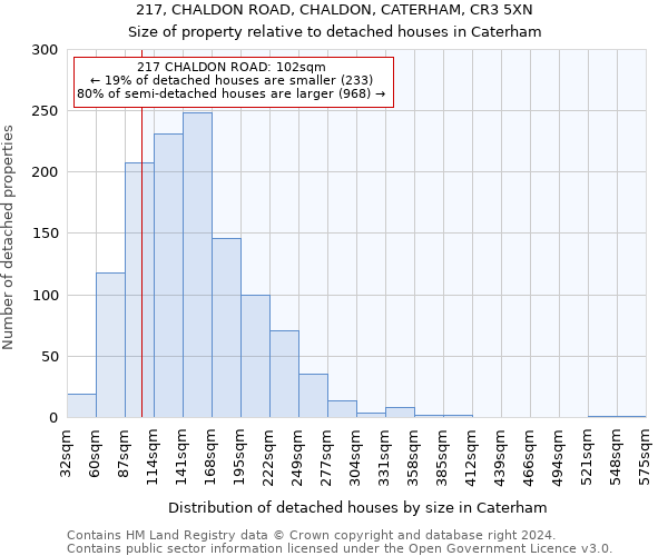 217, CHALDON ROAD, CHALDON, CATERHAM, CR3 5XN: Size of property relative to detached houses in Caterham