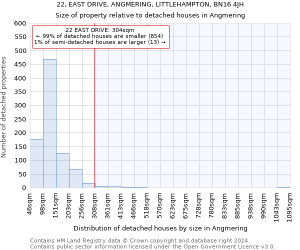 22, EAST DRIVE, ANGMERING, LITTLEHAMPTON, BN16 4JH: Size of property relative to detached houses in Angmering