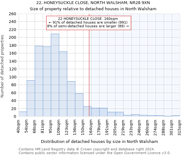 22, HONEYSUCKLE CLOSE, NORTH WALSHAM, NR28 9XN: Size of property relative to detached houses in North Walsham