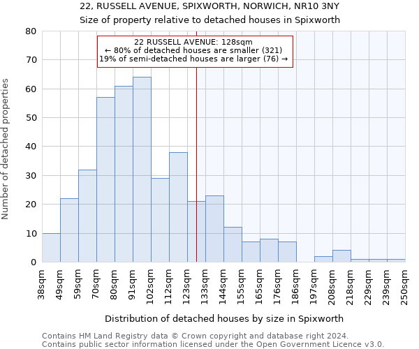 22, RUSSELL AVENUE, SPIXWORTH, NORWICH, NR10 3NY: Size of property relative to detached houses in Spixworth