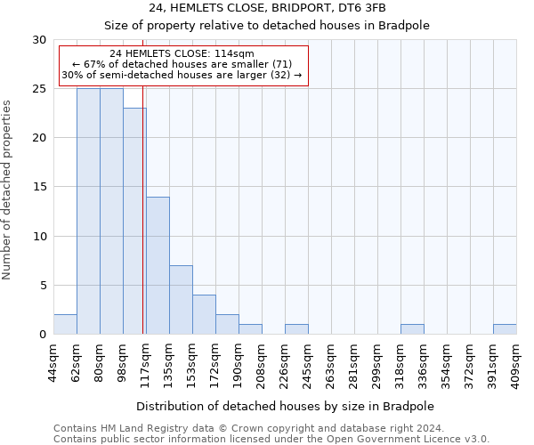 24, HEMLETS CLOSE, BRIDPORT, DT6 3FB: Size of property relative to detached houses in Bradpole