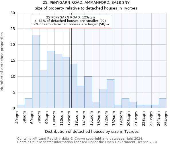 25, PENYGARN ROAD, AMMANFORD, SA18 3NY: Size of property relative to detached houses in Tycroes