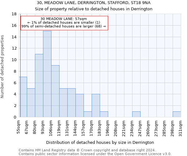 30, MEADOW LANE, DERRINGTON, STAFFORD, ST18 9NA: Size of property relative to detached houses in Derrington