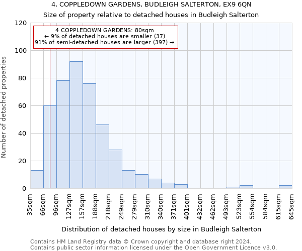 4, COPPLEDOWN GARDENS, BUDLEIGH SALTERTON, EX9 6QN: Size of property relative to detached houses in Budleigh Salterton