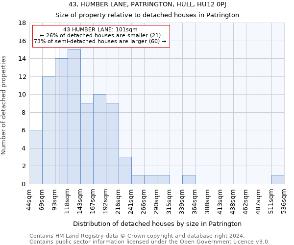 43, HUMBER LANE, PATRINGTON, HULL, HU12 0PJ: Size of property relative to detached houses in Patrington