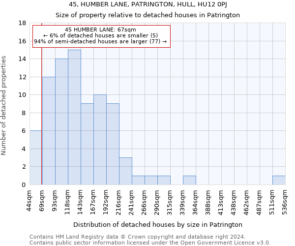 45, HUMBER LANE, PATRINGTON, HULL, HU12 0PJ: Size of property relative to detached houses in Patrington