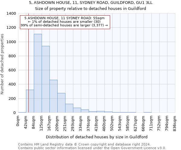 5, ASHDOWN HOUSE, 11, SYDNEY ROAD, GUILDFORD, GU1 3LL: Size of property relative to detached houses in Guildford