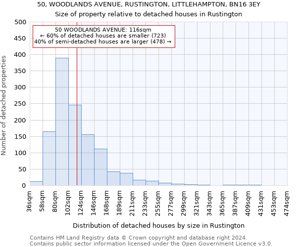 50, WOODLANDS AVENUE, RUSTINGTON, LITTLEHAMPTON, BN16 3EY: Size of property relative to detached houses in Rustington