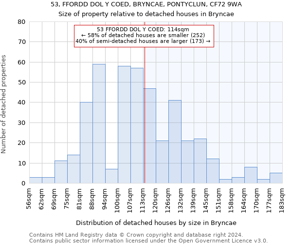 53, FFORDD DOL Y COED, BRYNCAE, PONTYCLUN, CF72 9WA: Size of property relative to detached houses in Bryncae