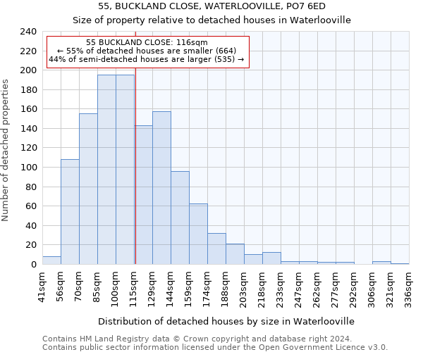 55, BUCKLAND CLOSE, WATERLOOVILLE, PO7 6ED: Size of property relative to detached houses in Waterlooville