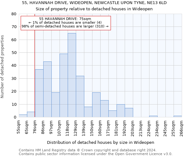 55, HAVANNAH DRIVE, WIDEOPEN, NEWCASTLE UPON TYNE, NE13 6LD: Size of property relative to detached houses in Wideopen