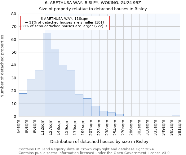 6, ARETHUSA WAY, BISLEY, WOKING, GU24 9BZ: Size of property relative to detached houses in Bisley