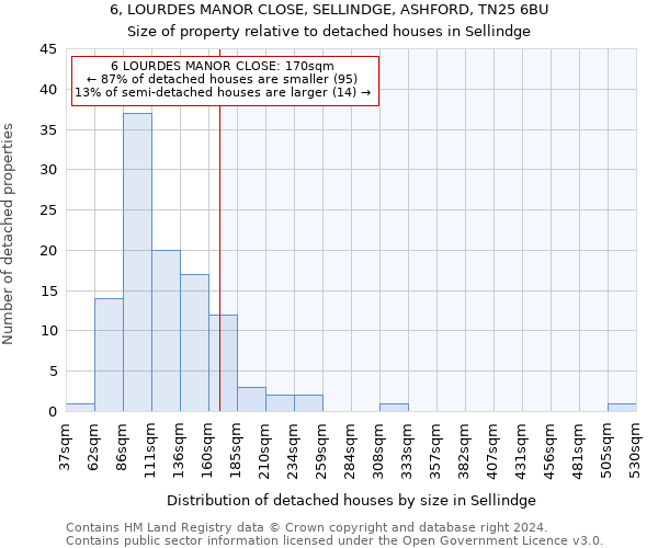 6, LOURDES MANOR CLOSE, SELLINDGE, ASHFORD, TN25 6BU: Size of property relative to detached houses in Sellindge