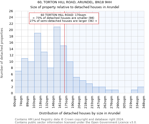 60, TORTON HILL ROAD, ARUNDEL, BN18 9HH: Size of property relative to detached houses in Arundel