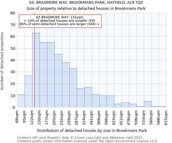 63, BRADMORE WAY, BROOKMANS PARK, HATFIELD, AL9 7QZ: Size of property relative to detached houses in Brookmans Park